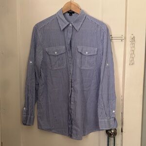 Ann Taylor Men's Blue and White Striped Button Down Shirt